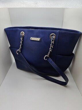 Calvin Klein Saffiano Leather Tote - Blue with Silver Hardware